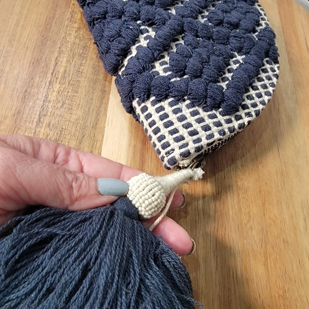 Universal Thread Blue Embroidered Boho Clutch with Beaded Tassel